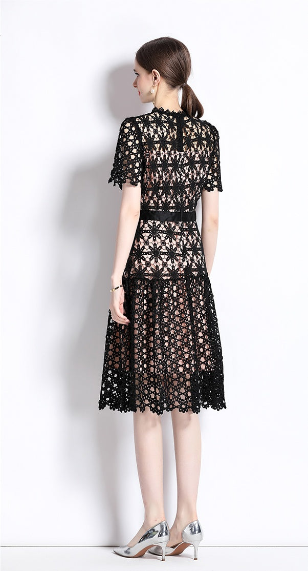 CM-DY071048 Women Elegant European Style Lace Embroidery Round Neck Short Sleeve Long Dress