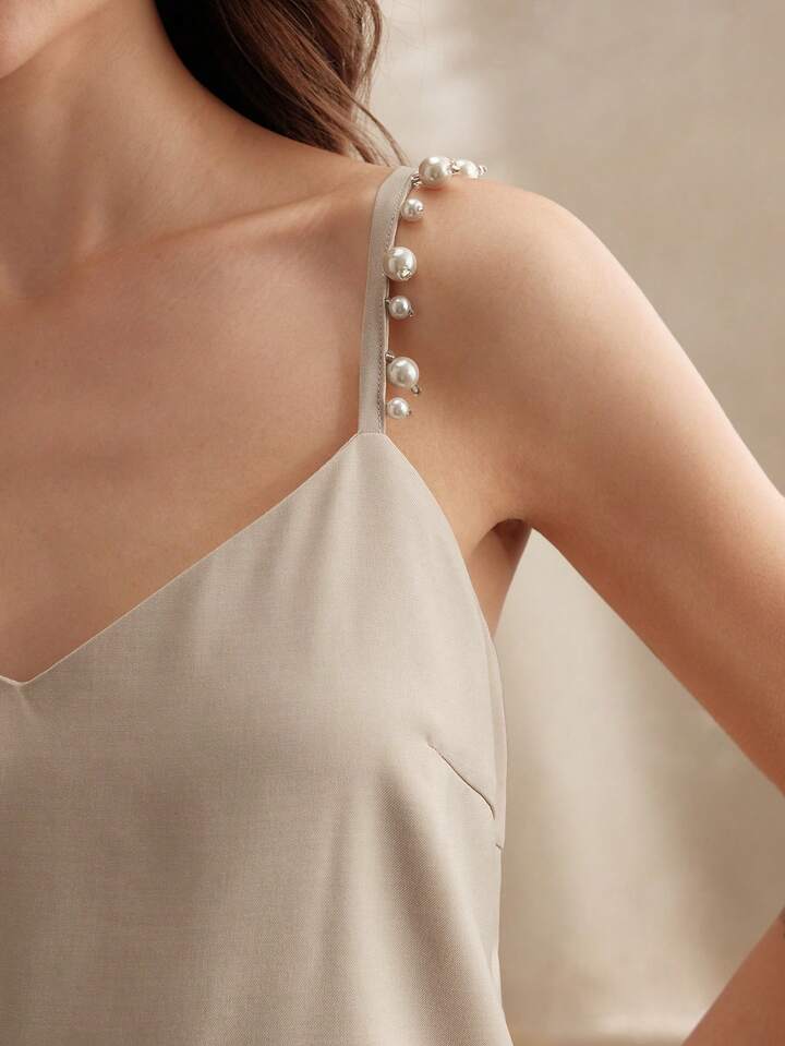 CM-TS466831 Women Elegant Seoul Style Spaghetti Strap Pearl Decor Camisole - Camel