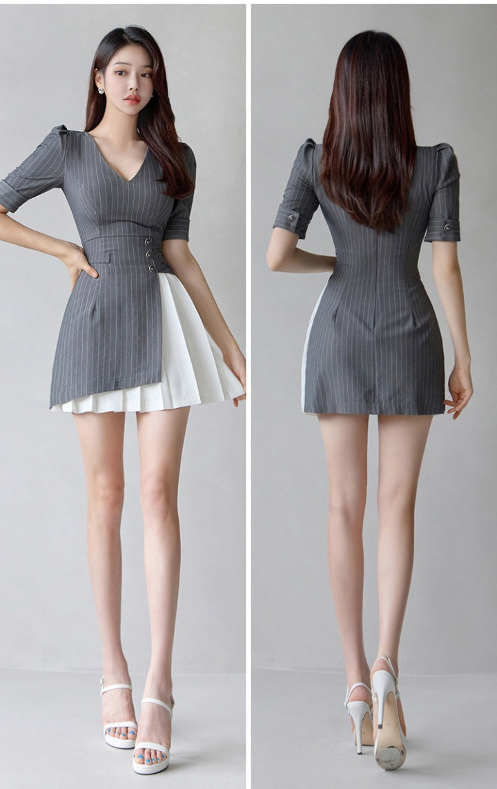 CM-DY077988 Women Casual Seoul Style Stripe V-Neck Puff Sleeve Mini Dress