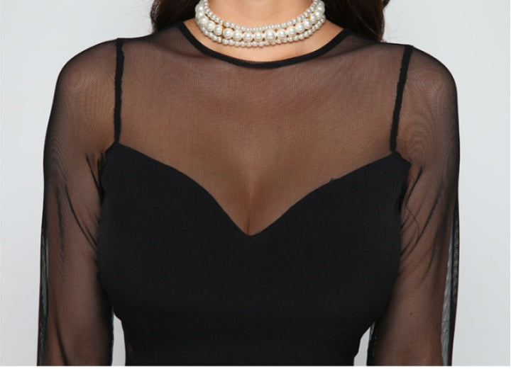 CM-DY080097 Women Elegant Seoul Style Long Sleeve Gauze Splice Formal Dress - Black