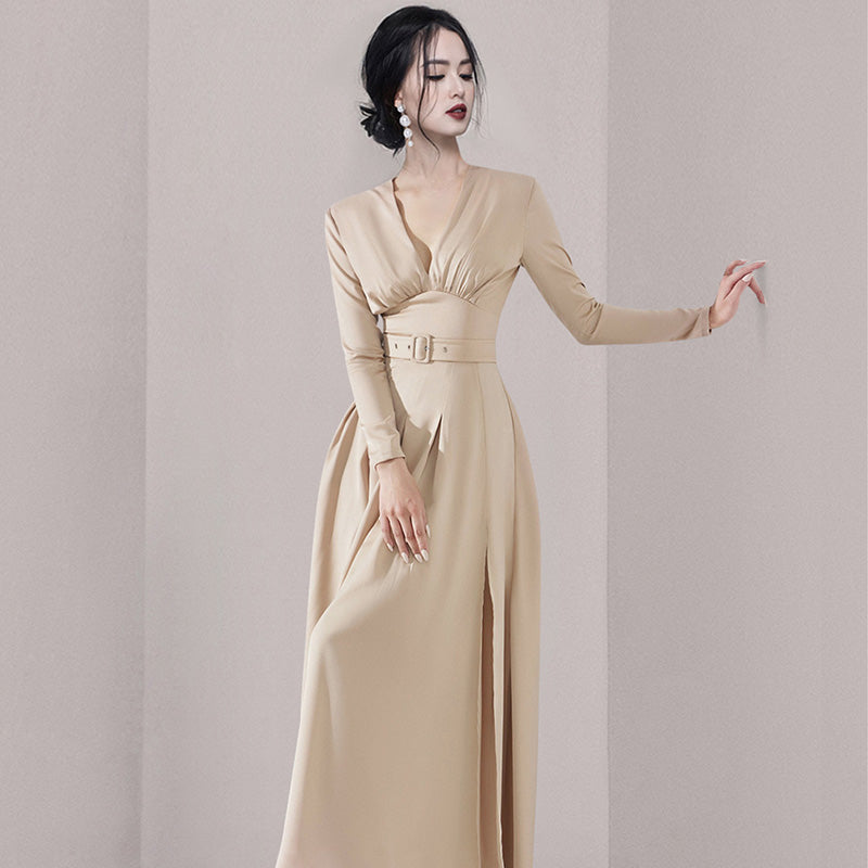 CM-DY080191 Women Elegant European Style V-Neck Long Sleeve Maxi Dress