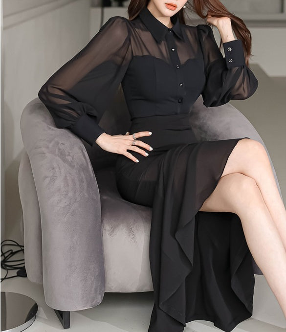 CM-DY080260 Women Elegant Seoul Style Single Breasted Lantern Sleeve Ruffle Dress - Black