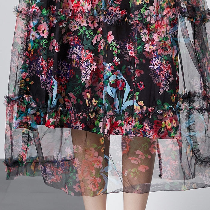 CM-DY080361 Women Elegant European Style Round Neck Splice Gauze Printing Dress