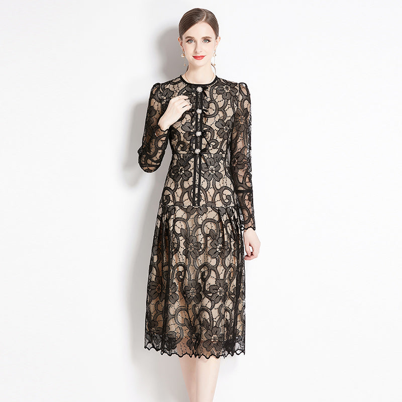 CM-DY080847 Women Elegant European Style Round Neck Long Sleeve Lace Slim Dress