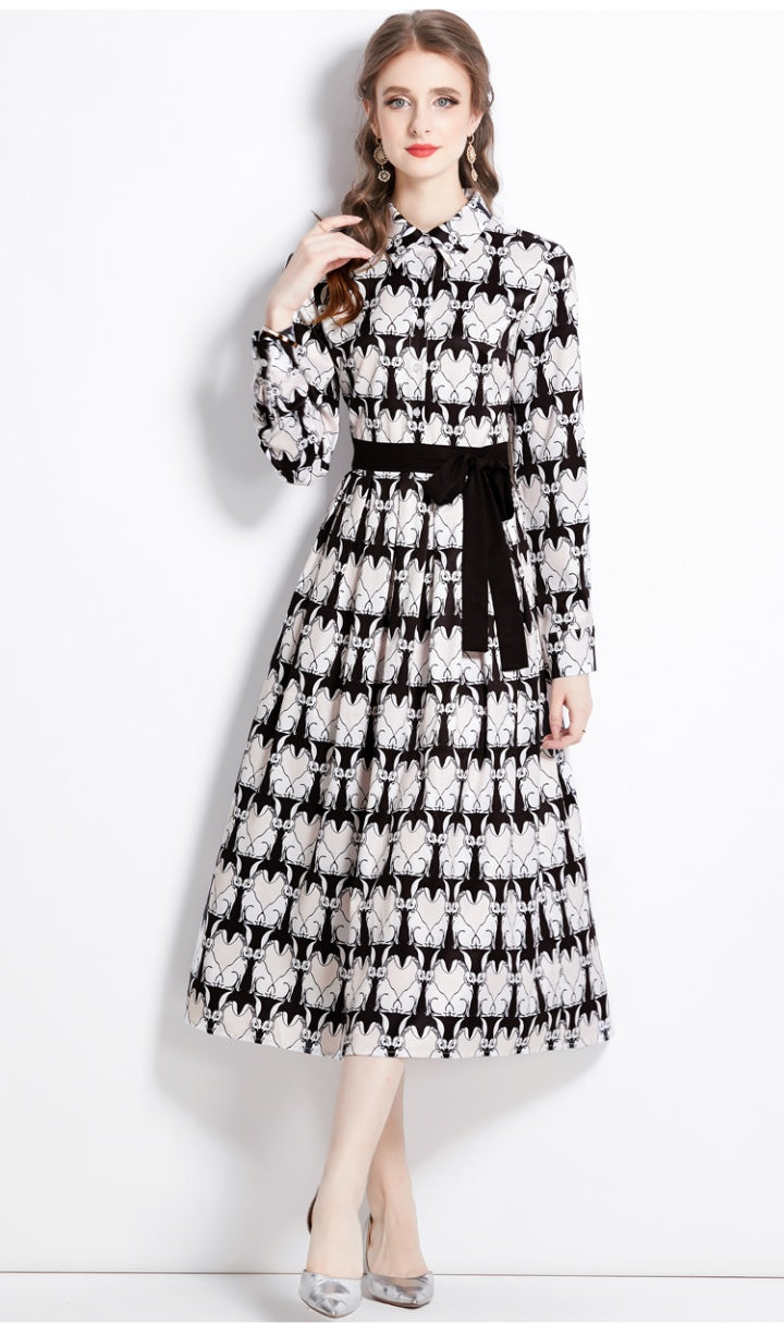CM-DY080969 Women Elegant European Style Collar Neckline High Waist Lapel Dress
