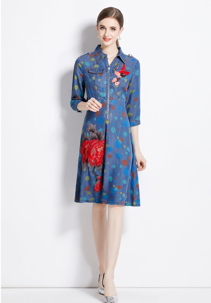 CM-DY080980 Women Elegant European Style Pinched Waist Polka Dot Lapel Slim Denim Dress