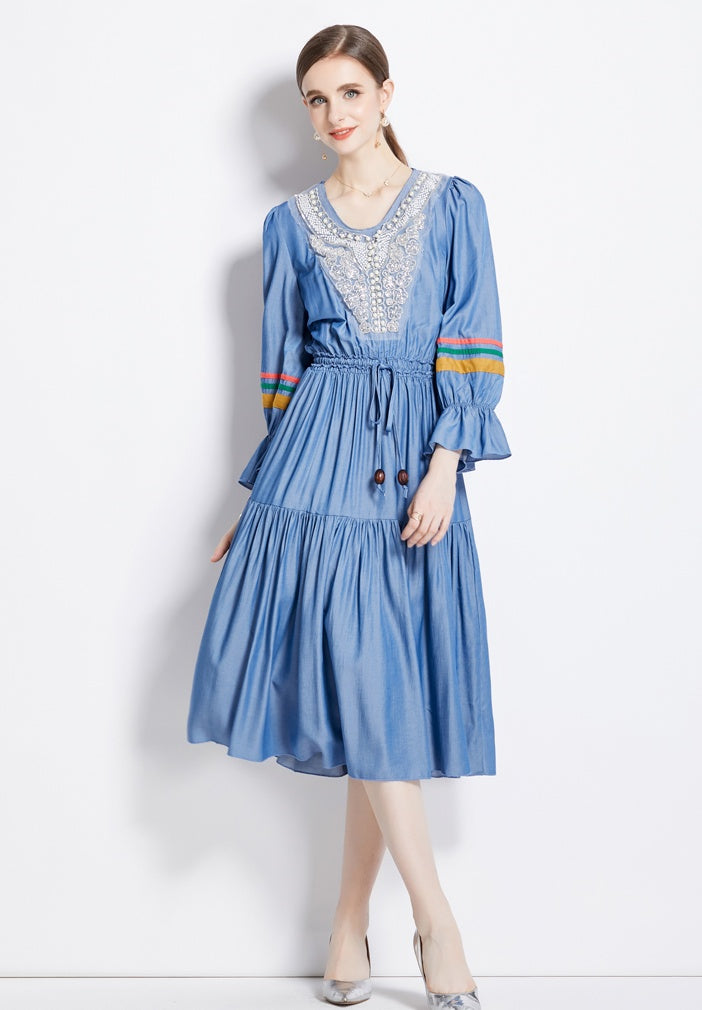 CM-DY080982 Women Retro European Style Long Sleeve Pinched Waist V-Neck Dress
