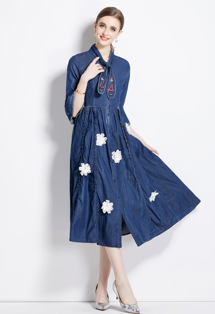 CM-DY080983 Women Retro European Style Embroidered Lotus Sleeve Denim Dress