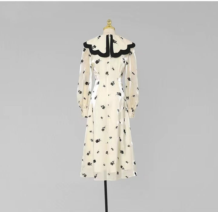CM-DY081128 Women Elegant European Style Double Collar Lantern Sleeve Dress - Beige