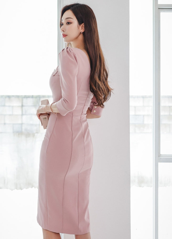 CM-DY082117 Women Elegant Seoul Style V-Neck 3/4 Sleeve Midi Dress - Pink