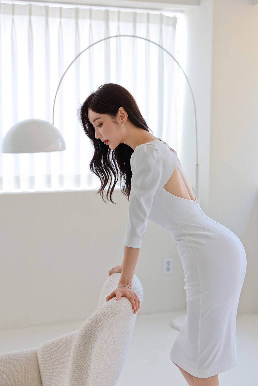 CM-DY082130 Women Elegant Seoul Style Square Collar Short Sleeve Halter Dress - White