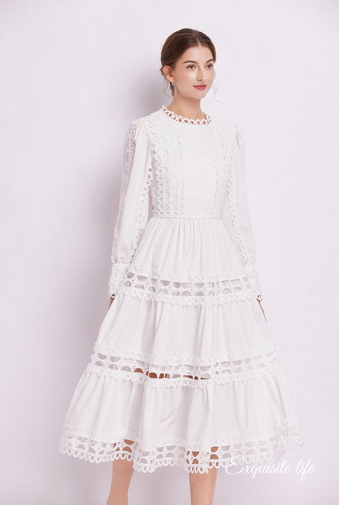 CM-DY082278 Women Elegant European Style Lace Long Sleeve Pinched Waist Dress (Available in 2 colors)