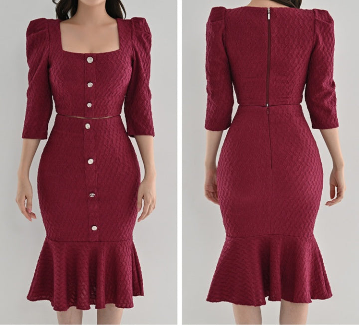 CM-SY082900 Women Elegant Seoul Style Square Neck 3/4 Sleeve Blouse With Midi Skirt - Set