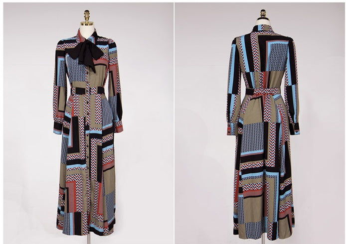 CM-DY082914 Women Casual Seoul Style Collar Neckline Shirt Bow Long Dress