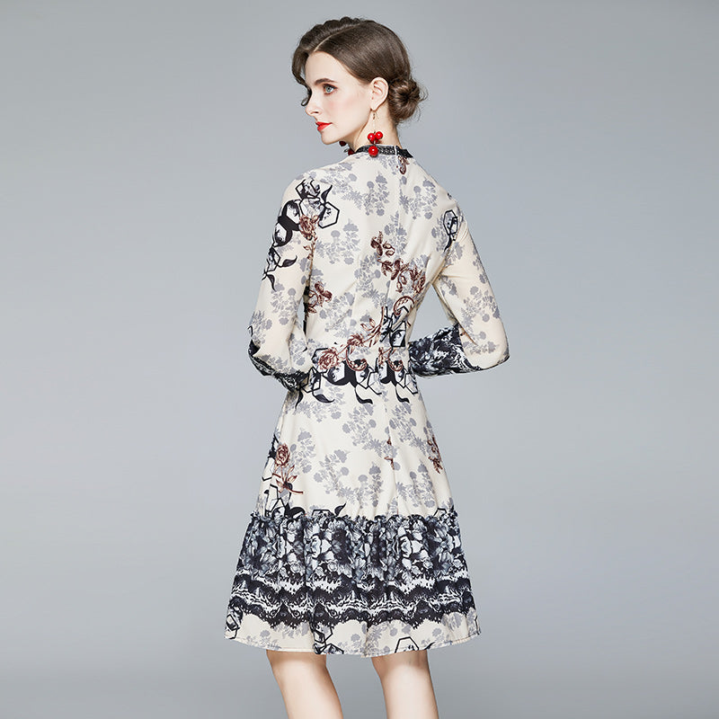 CM-DY084183 Women Elegant European Style Stand Collar Long Sleeve Mini Dress