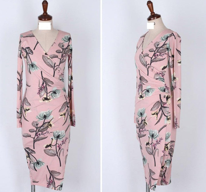 CM-DY084972 Women Casual Seoul Style Long Sleeve All-Over Print Slim Dress