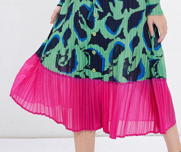 CM-DY084999 Women Elegant European Style Collar Neckline Long Sleeve Pleats A-Line Slim Dress - Green