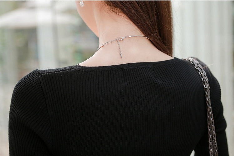 CM-DY087095 Women Elegant Seoul Style Slim Split Splice Long Sleeve Dress - Black