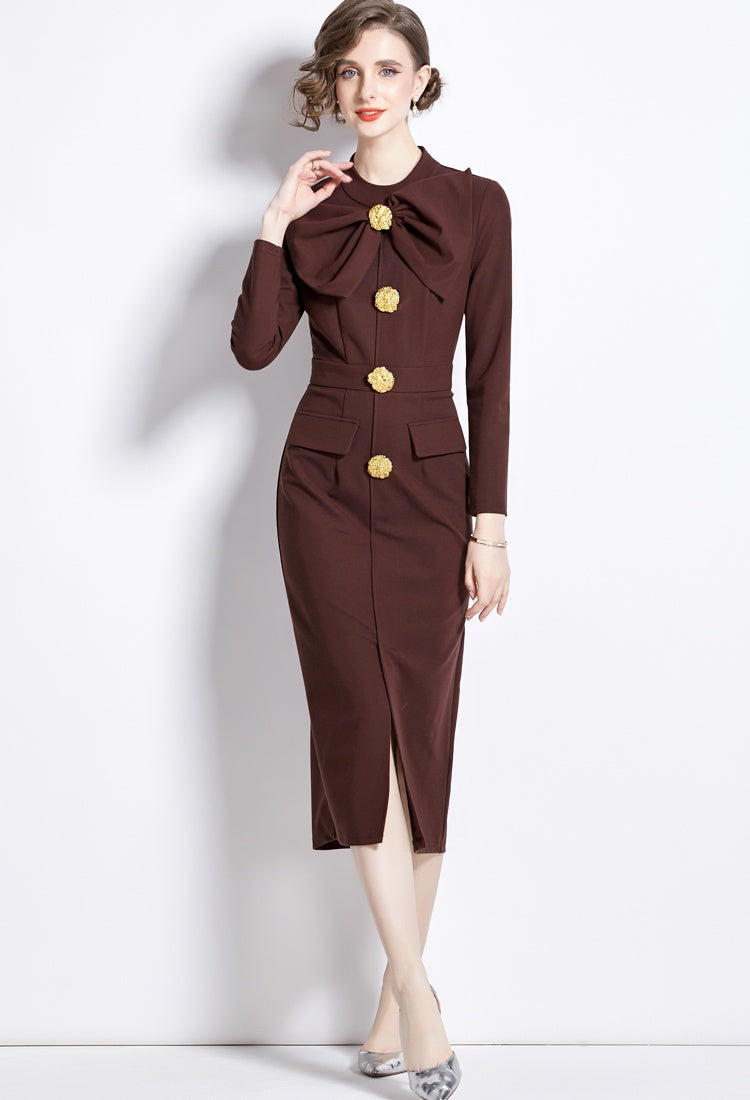 CM-DY087127 Women Elegant European Style Split Bow Round Neck Pinched Waist Long Sleeve Midi Dress - Brown