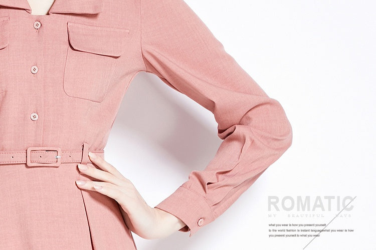 CM-DY090432 Women Elegant European Style V-Neck Long Sleeve Midi Dress - Pink