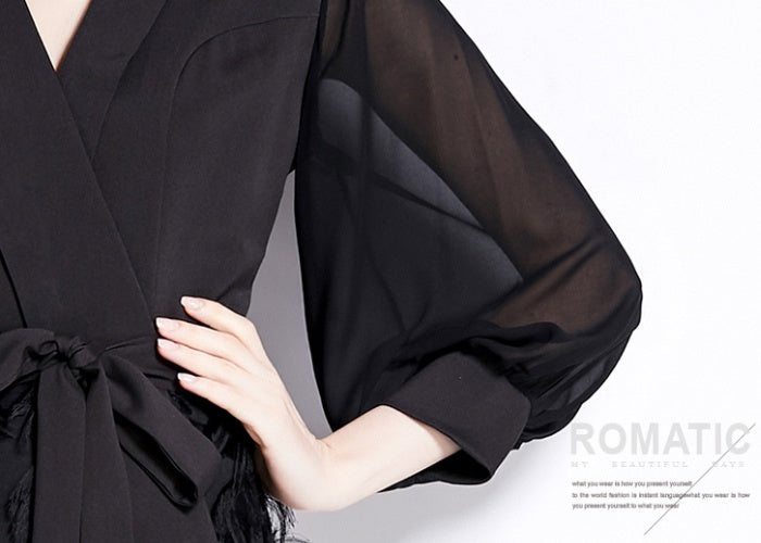 CM-DY090433 Women Elegant European Style V-Neck Long Sleeve Slim Dress - Black