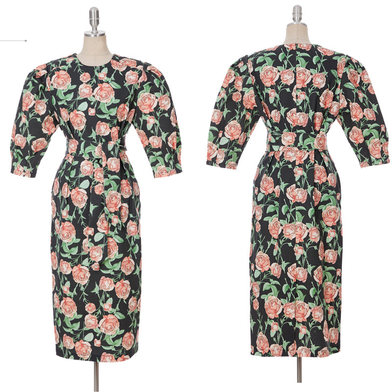 CM-DY090501 Women Elegant Seoul Style Floral Printing 3/4 Sleeve Slim Midi Dress