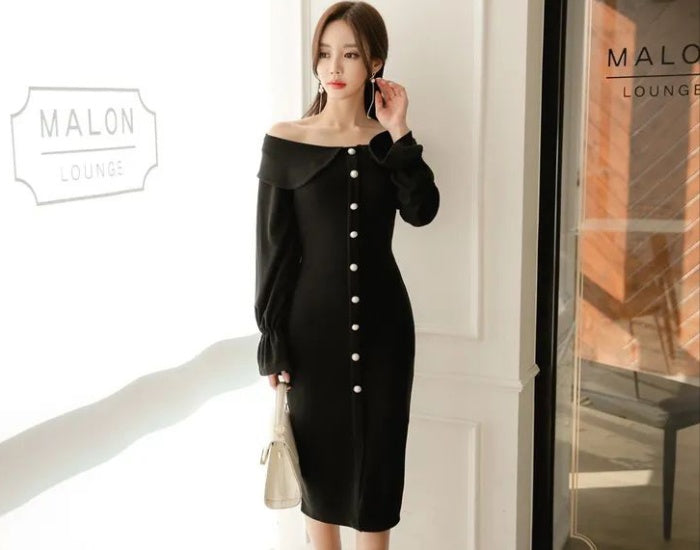 CM-DY090502 Women Elegant Seoul Style Off The Shoulder Long Sleeve Slim Midi Dress