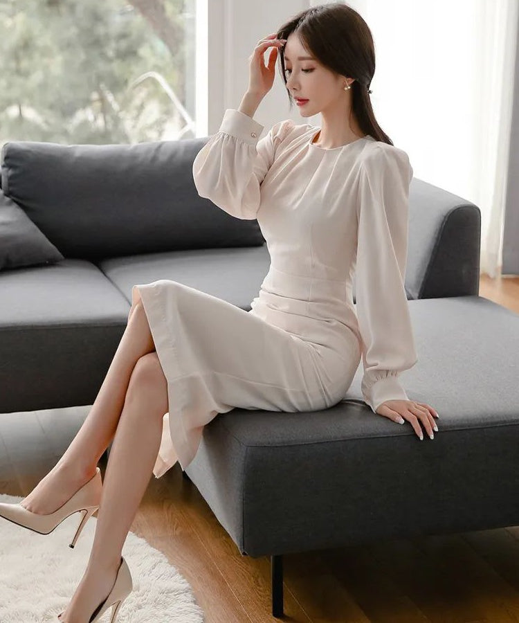 CM-DY090503 Women Elegant Seoul Style Round Neck Long Sleeve Slim Dress - White