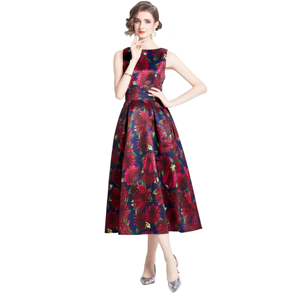 CM-DY090879 Women Elegant European Style Round Neck Sleeveless Pinched Waist Dress