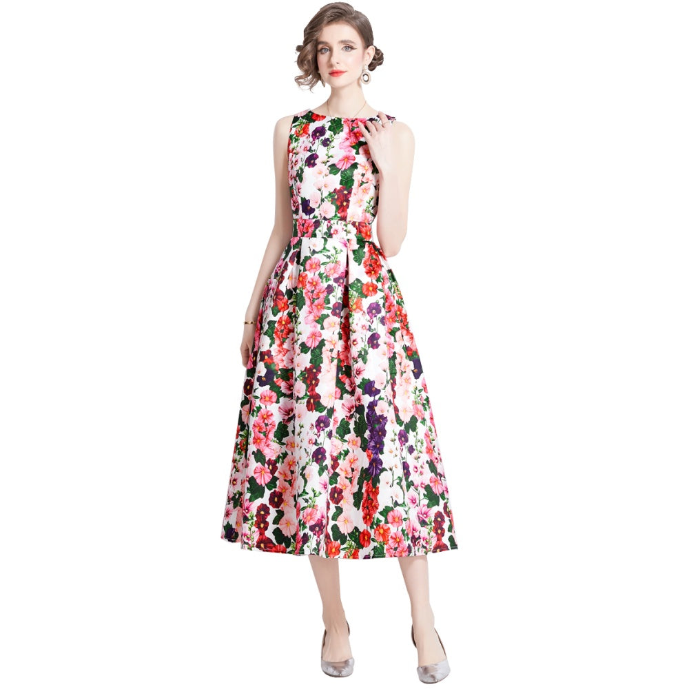 CM-DY090882 Women Elegant European Style Round Neck Sleeveless Pinched Waist Dress