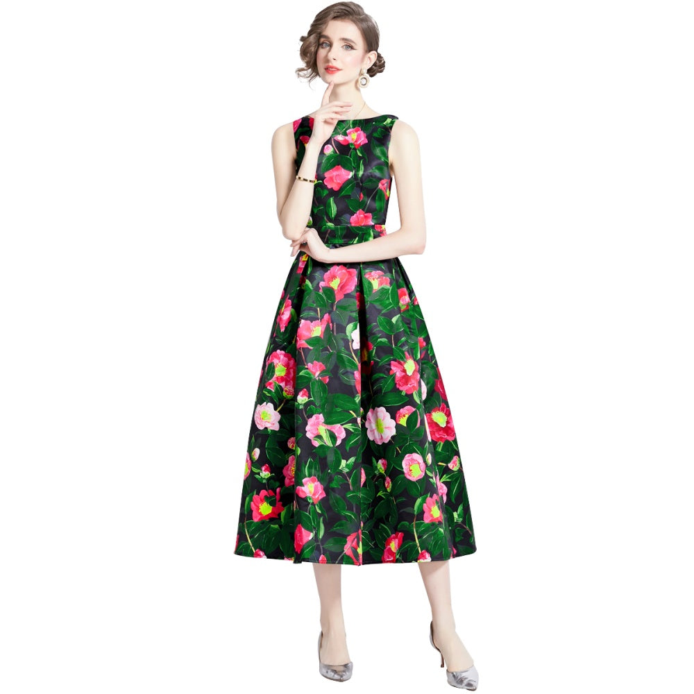 CM-DY090887 Women Elegant European Style Round Neck Sleeveless High Waist A-Line Dress