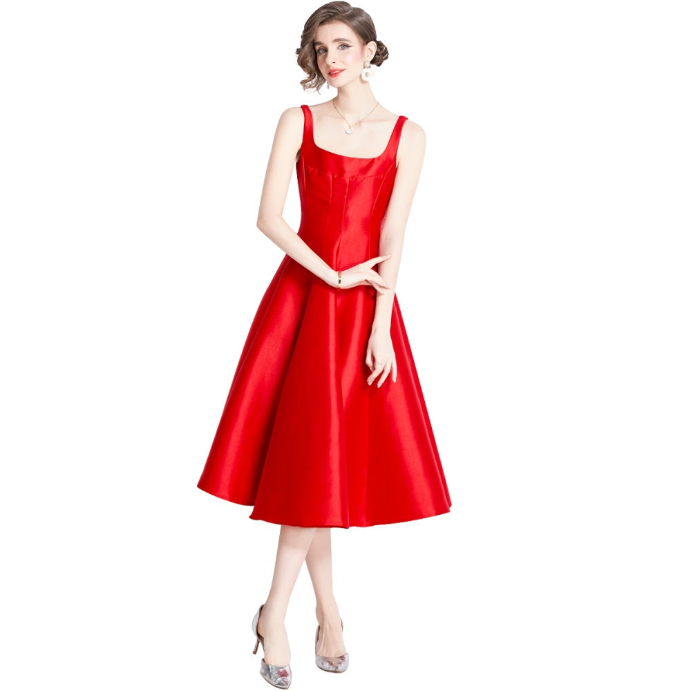 CM-DY090899 Women Elegant European Style Square Collar Sleeveless Slim Dress - Red