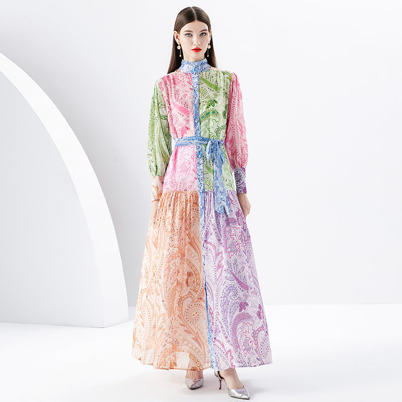 CM-DY091144 Women Elegant European Style Stand Collar Lantern Sleeve Maxi Dress