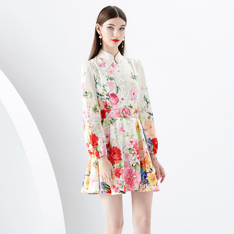 CM-DY091159 Women Elegant European Style Stand Collar Long Sleeve Mini Dress