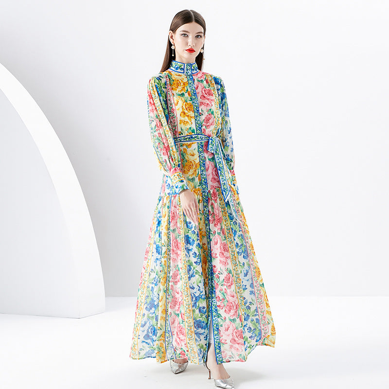 CM-DY091174 Women Elegant European Style Stand Collar Long Sleeve Maxi Dress