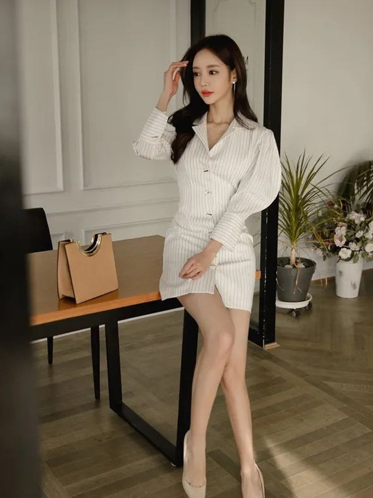 CM-DY092137 Women Casual Seoul Style V-Neck Long Sleeve Slim Stripe Shirt Dress