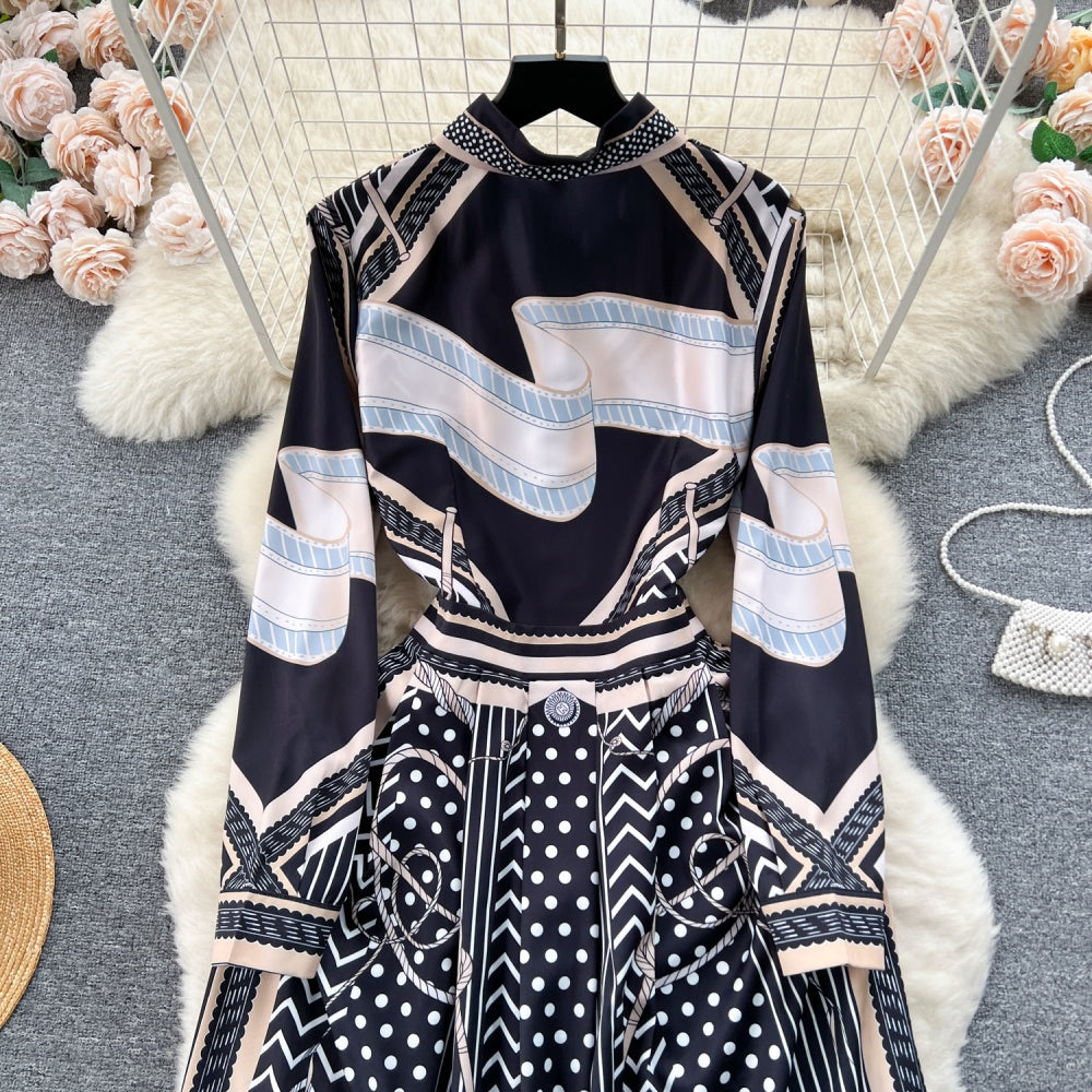 CM-DY092147 Women Elegant European Style Collar Neckline Printing Long Dress