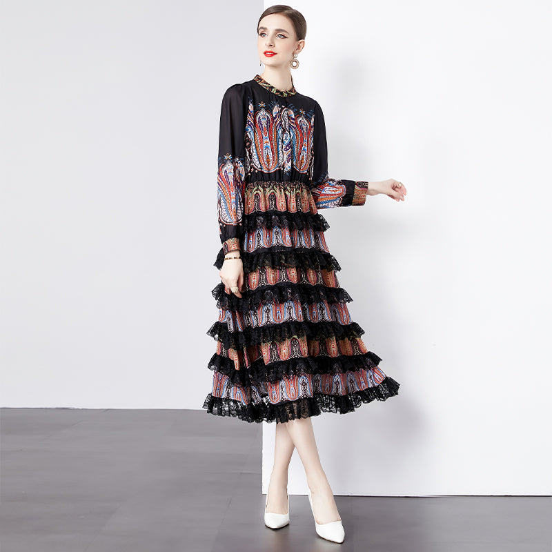CM-DY092191 Women Elegant European Style Round Neck Lantern Sleeve Cupcake Dress