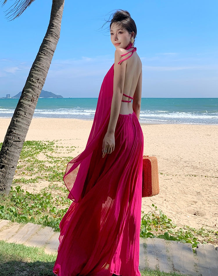 CM-DY093137 Women Trendy Bohemian Style Halter Sleeveless Pleated Maxi Dress
