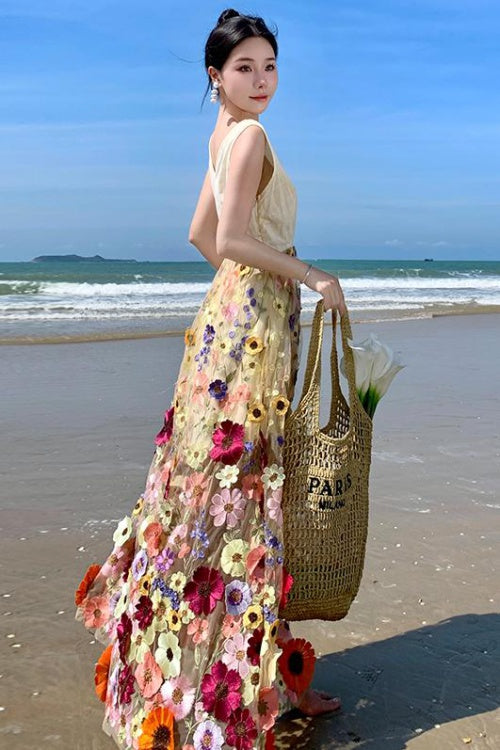 CM-DY093138 Women Trendy Bohemian Style Embroidery Sleeveless Pinched Waist Long Dress