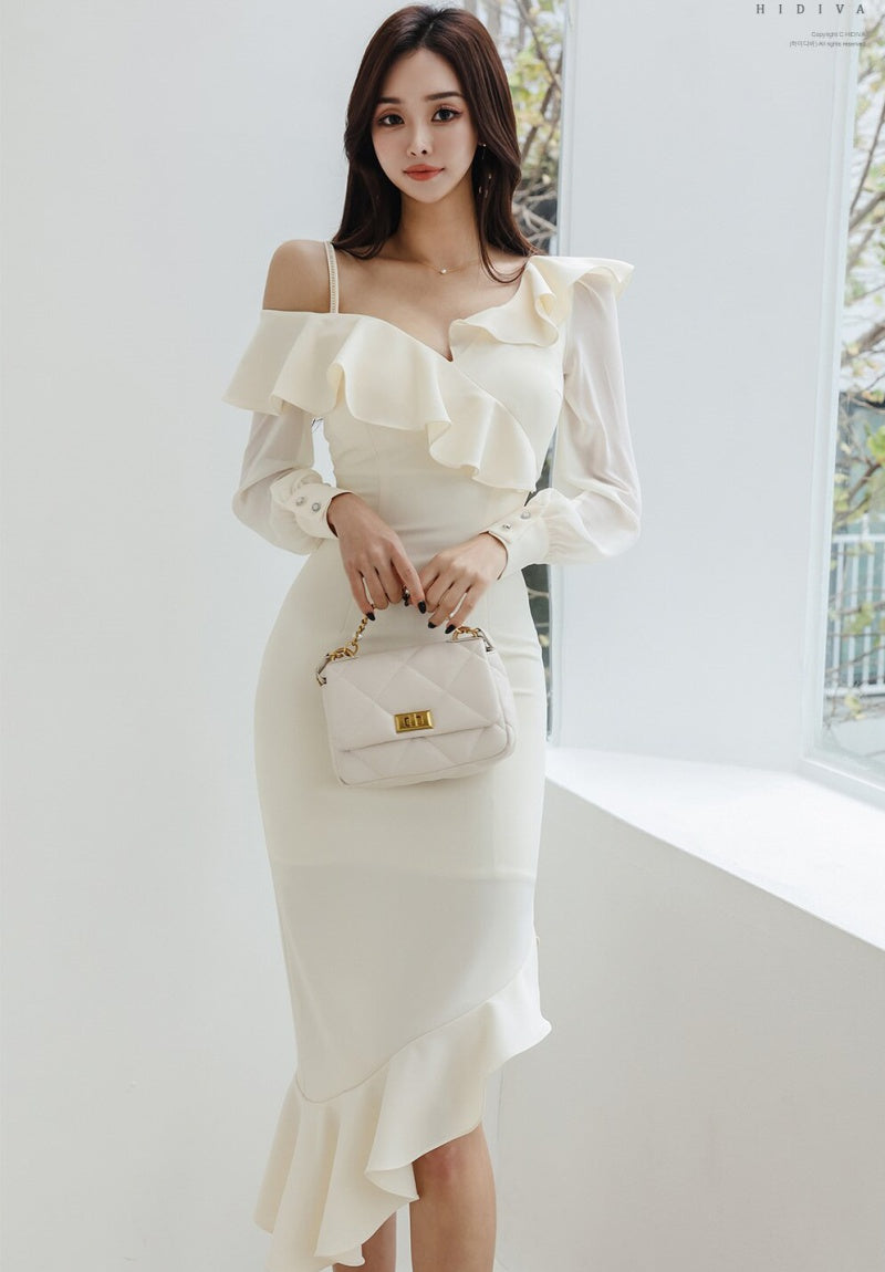 CM-DY093462 Women Elegant Seoul Style Strapless Long Sleeve Midi Dress - Beige