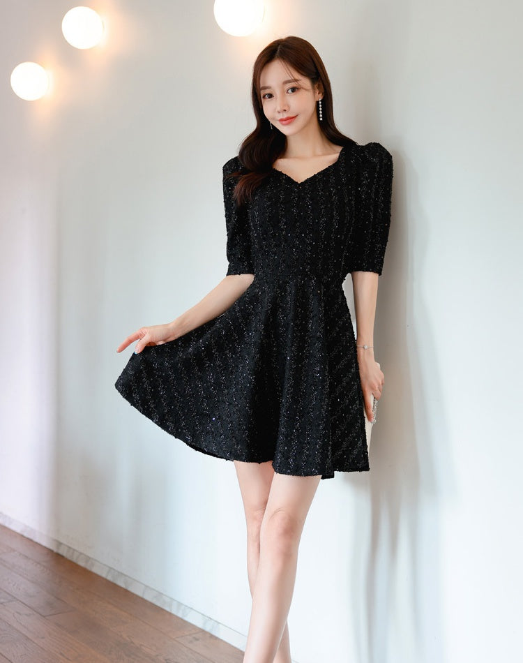 CM-DY093465 Women Elegant Seoul Style V-Neck 3/4 Sleeve A-Line Dress - Black