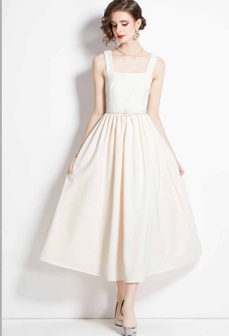 CM-DY094249 Women Elegant European Style Square Collar Sleeveless Slim Dress - Beige