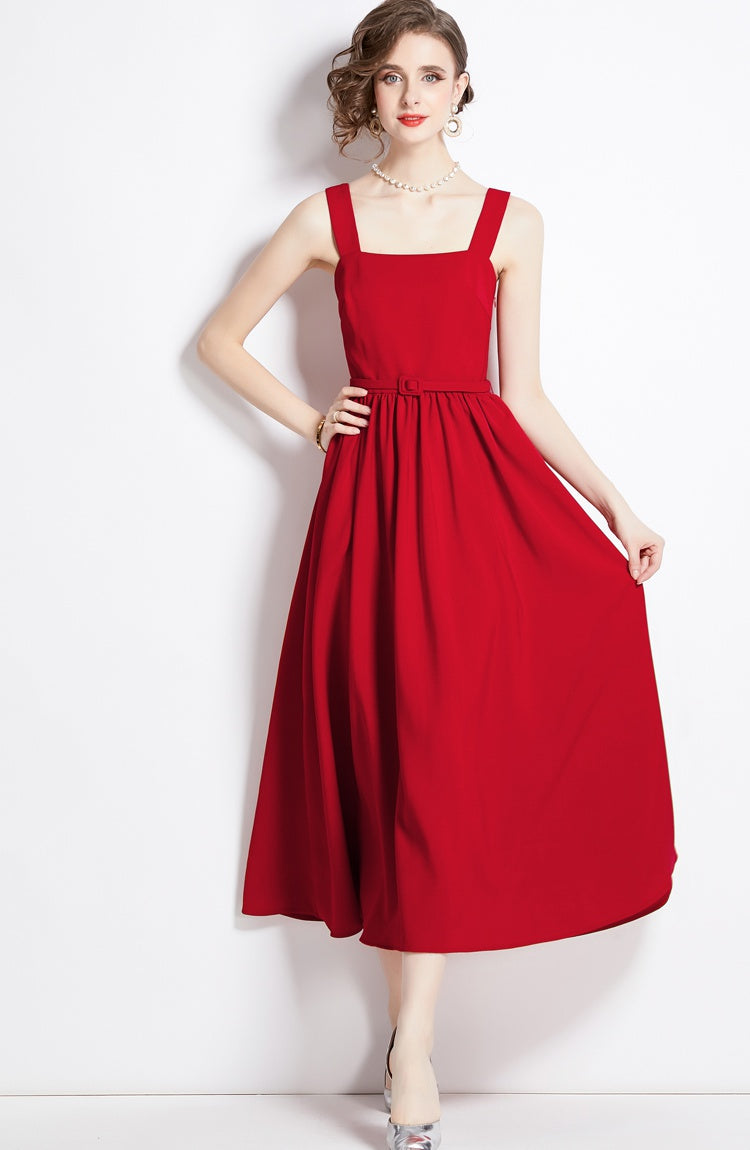 CM-DY094252 Women Elegant European Style Pinched Waist Sling Sleeveless Dress - Red