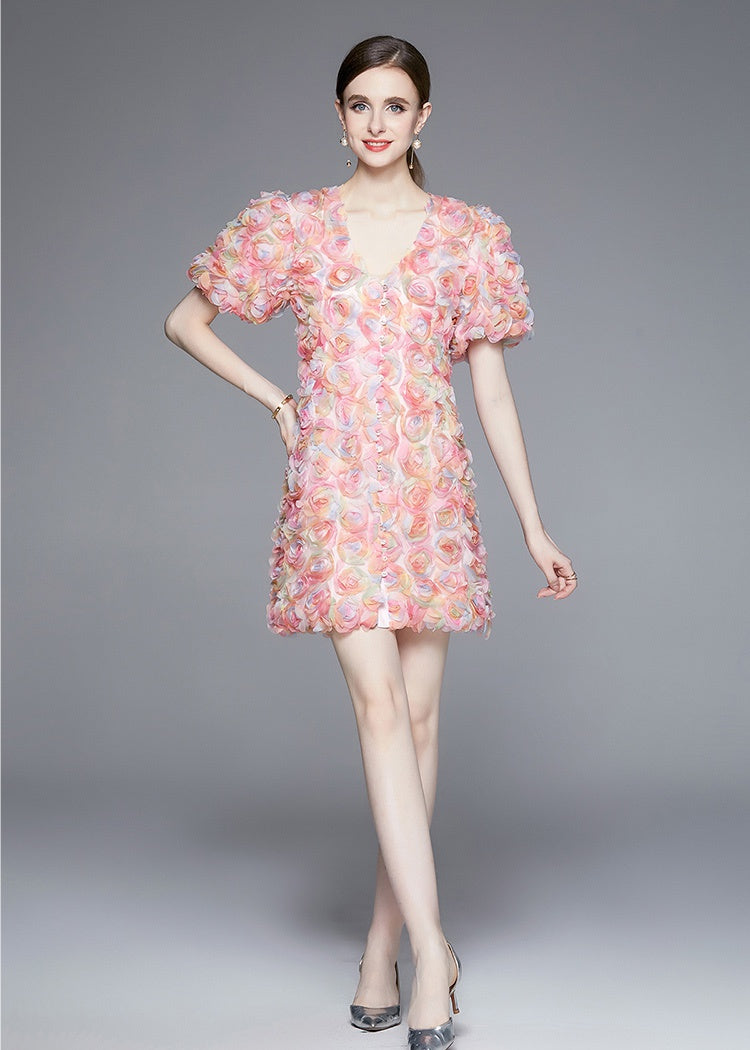 CM-DY094268 Women Elegant European Style Disk Floral Single-Breasted V-Neck Mini Dress