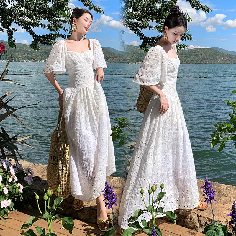 CM-DY094842 Women Trendy Bohemian Style Pinched Waist Embroidery Dress - White