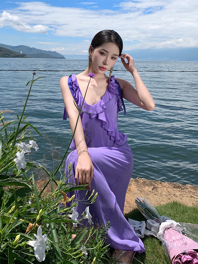CM-DY094857 Women Trendy Bohemian Style Sling V-Neck Halter Slim Dress - Purple