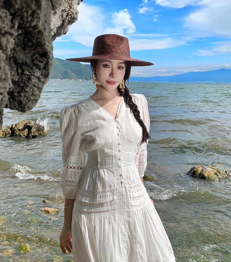 CM-DY094862 Women Trendy Bohemian Style Lace V-Neck Lantern Sleeve Long Dress - White