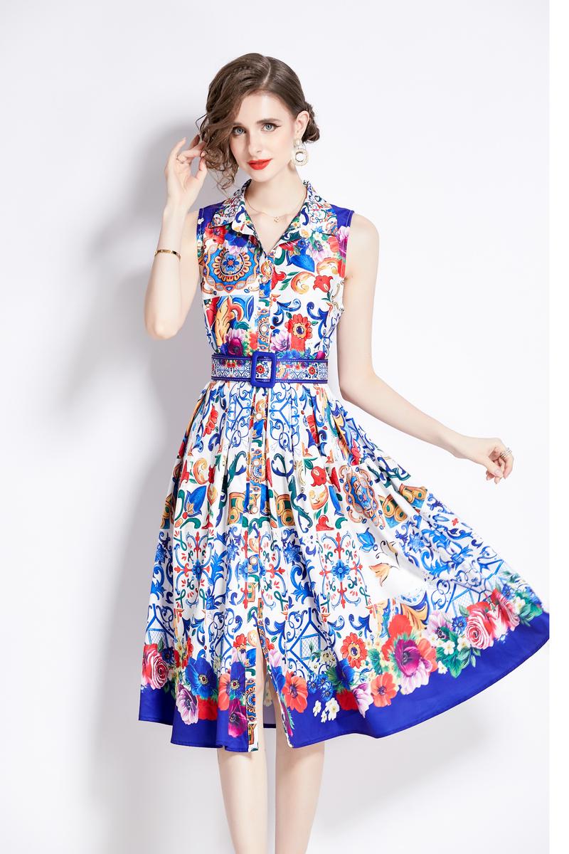 CM-DY094882 Women Retro European Style Collar Neckline Sleeveless Pinched Waist Midi Dress