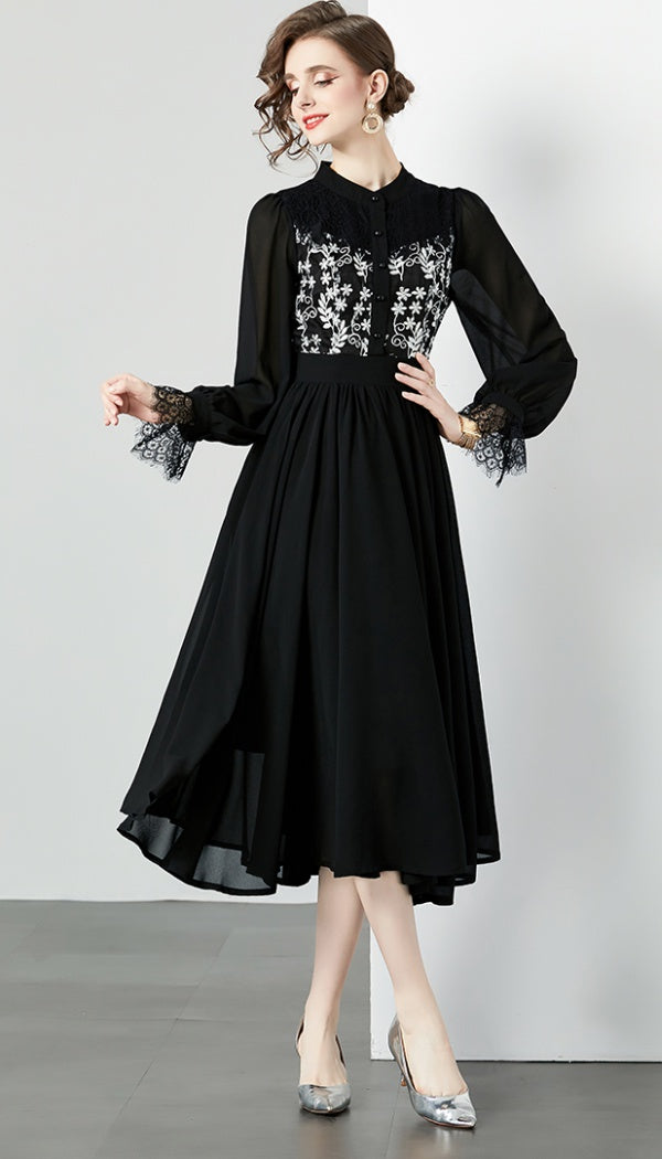 CM-DY095110 Women Elegant European Style Stand Collar Lace Embroidery Midi Dress
